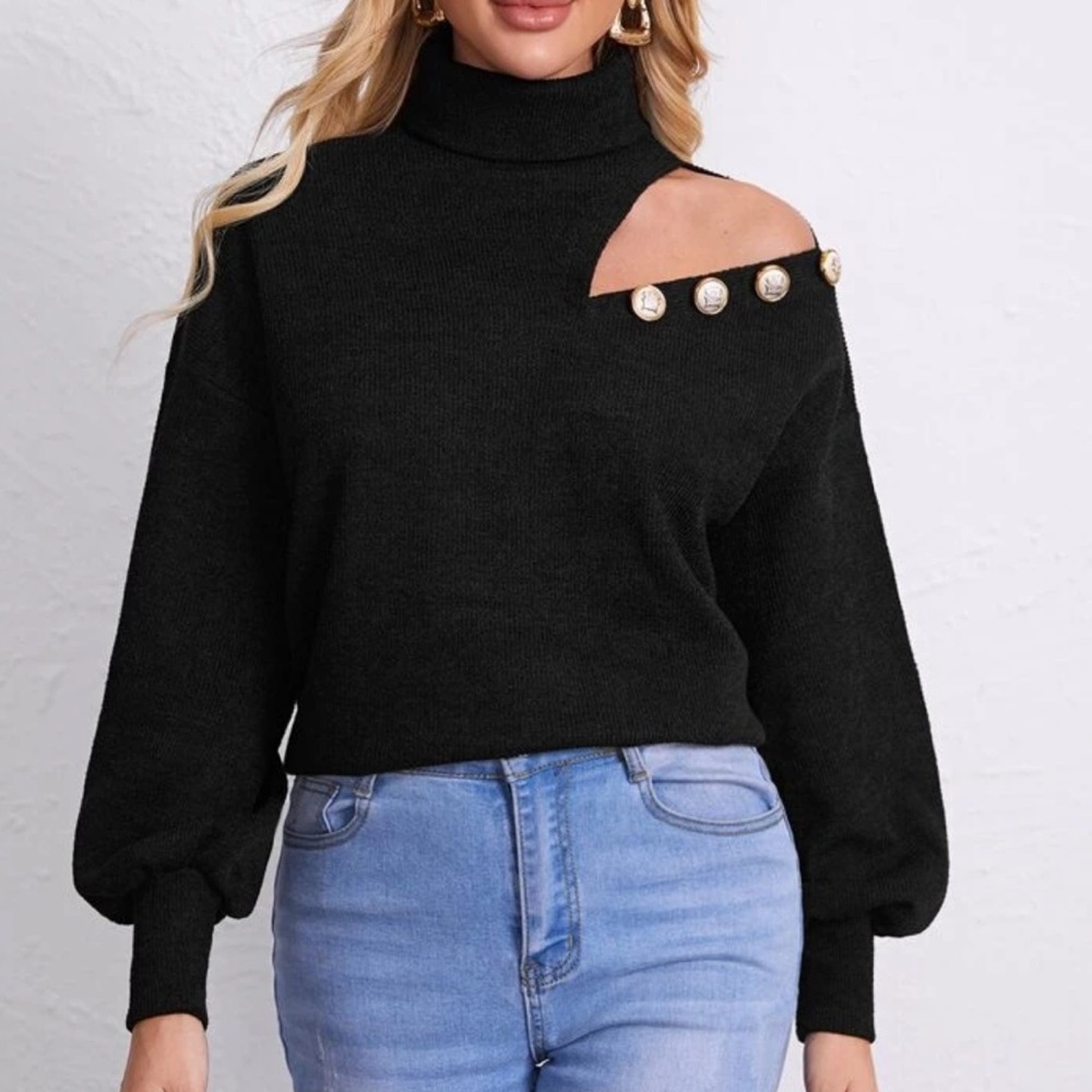 Beautiful woman cut out shoulder sweater w button